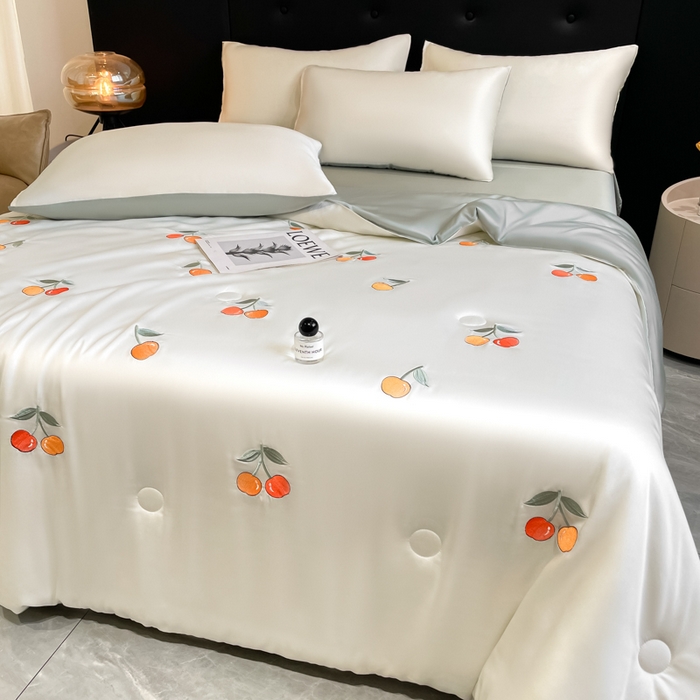 91家纺网 家纺一手货源 找家纺 席佬大 2026新款水洗冰丝夏被 夏被四件套 樱桃-奶白绿