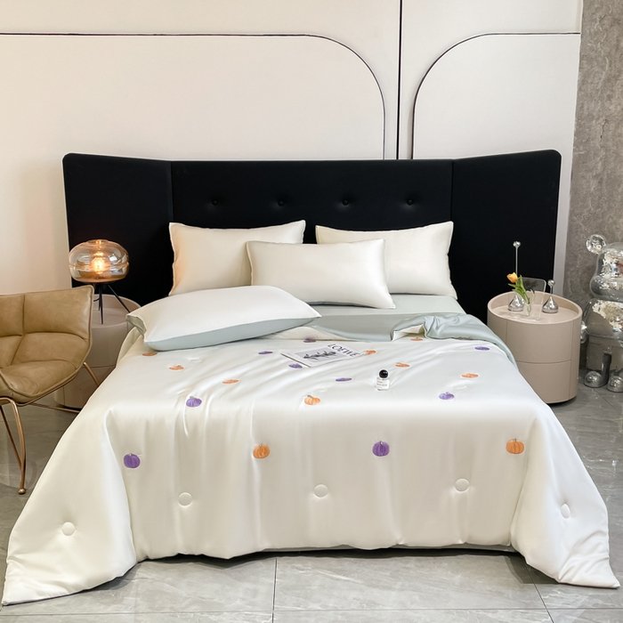 91家纺网 家纺一手货源 找家纺 席佬大 2026新款水洗冰丝夏被 夏被四件套 南瓜—奶白绿