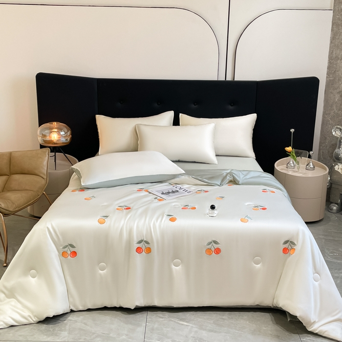 91家纺网 家纺一手货源 找家纺 席佬大 2026新款水洗冰丝夏被 夏被四件套 樱桃-奶白绿