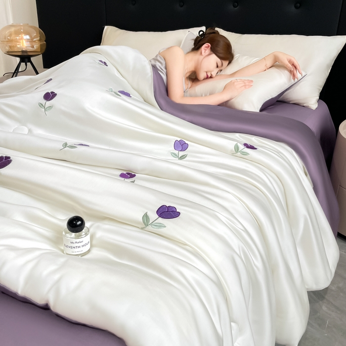 席佬大 2026新款水洗冰丝夏被 夏被四件套 郁金香—奶白紫