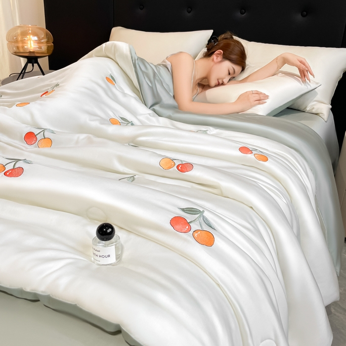 席佬大 2026新款水洗冰丝夏被 夏被四件套 樱桃-奶白绿