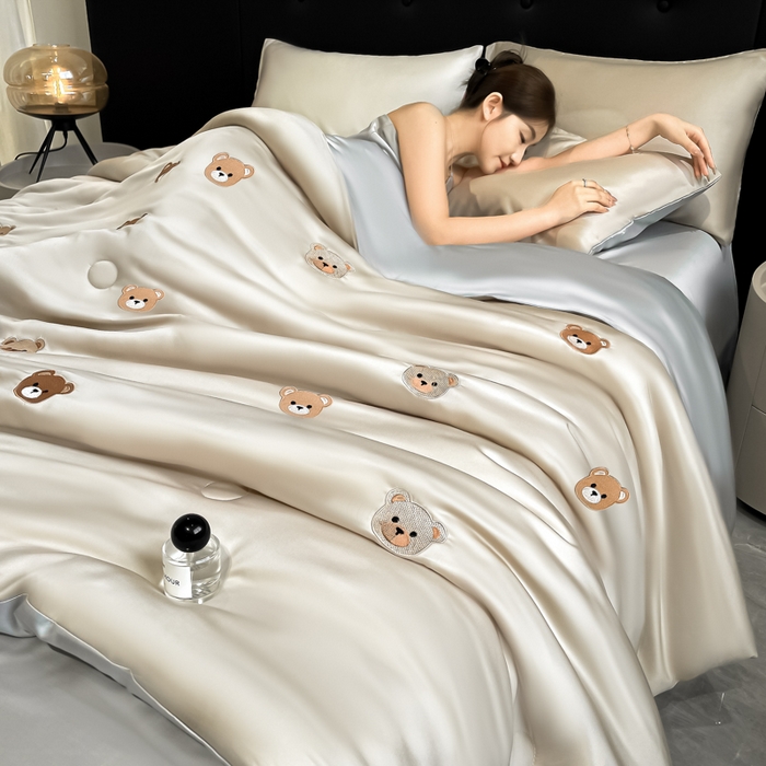 席佬大 2026新款水洗冰丝夏被 夏被四件套 小熊—梧桐灰