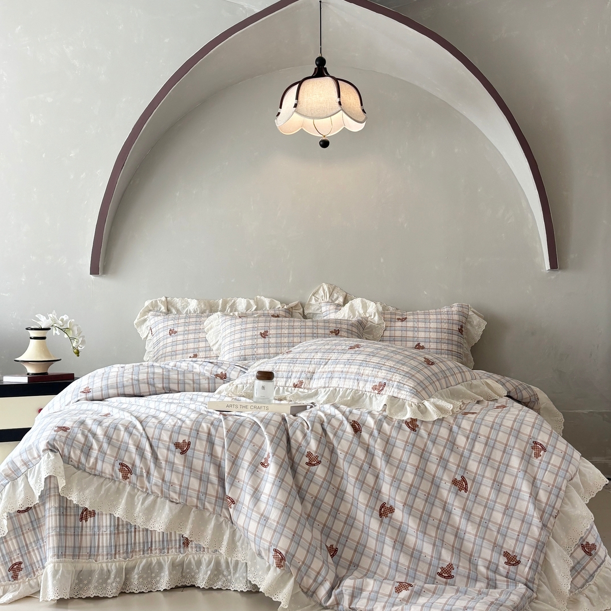 满座家居 2026新款法式纯棉花边全棉床盖四件套小碎花田园风 木马