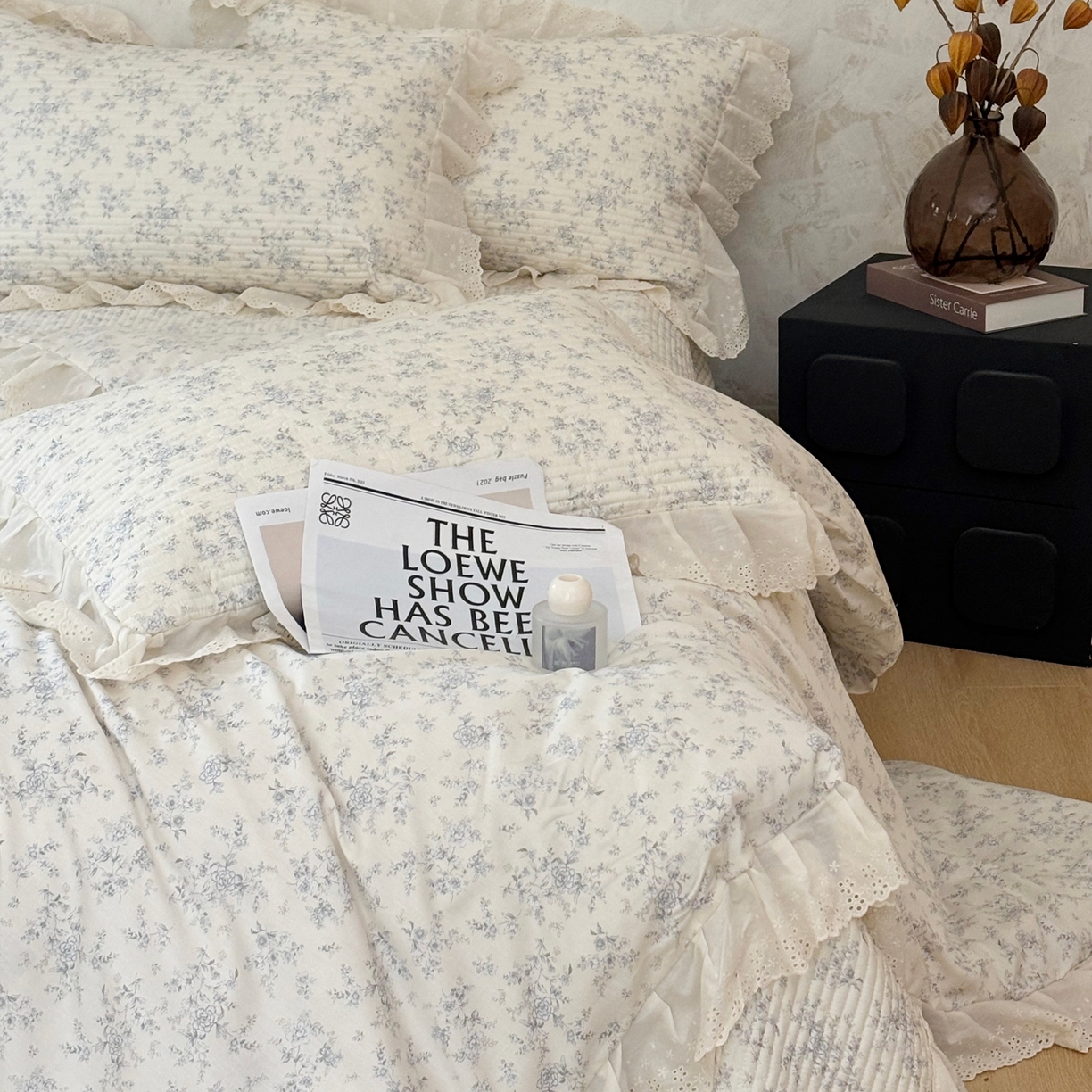 91家纺网 家纺一手货源 找家纺 满座家居 2026新款法式纯棉花边全棉床盖四件套小碎花田园风 南枝