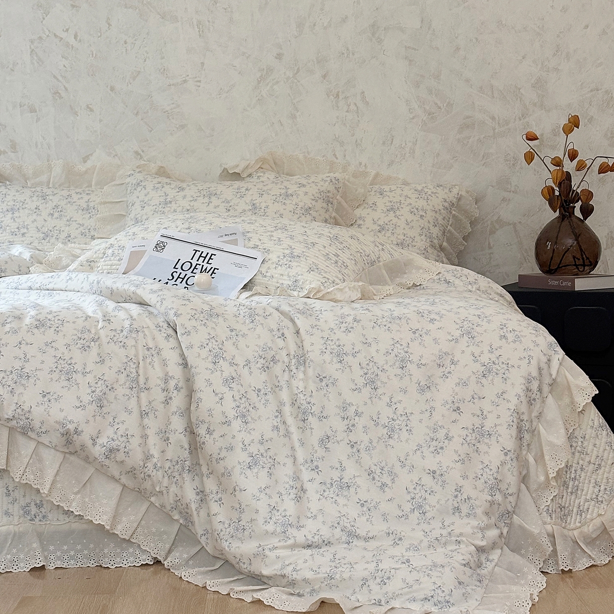 91家纺网 家纺一手货源 找家纺 满座家居 2026新款法式纯棉花边全棉床盖四件套小碎花田园风 南枝