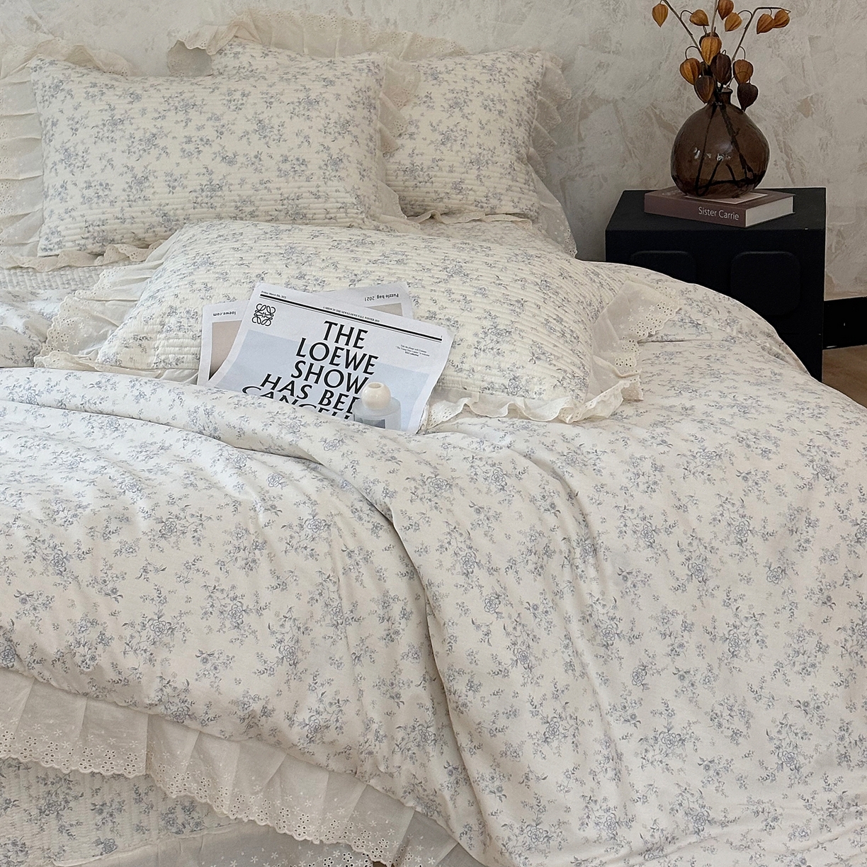 91家纺网 家纺一手货源 找家纺 满座家居 2026新款法式纯棉花边全棉床盖四件套小碎花田园风 南枝