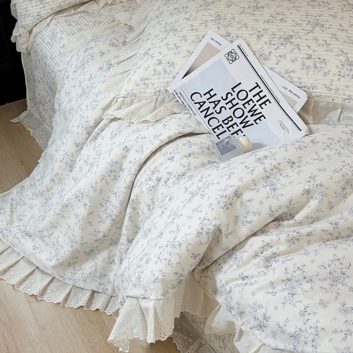 91家纺网 家纺一手货源 找家纺 满座家居 2026新款法式纯棉花边全棉床盖四件套小碎花田园风 南枝