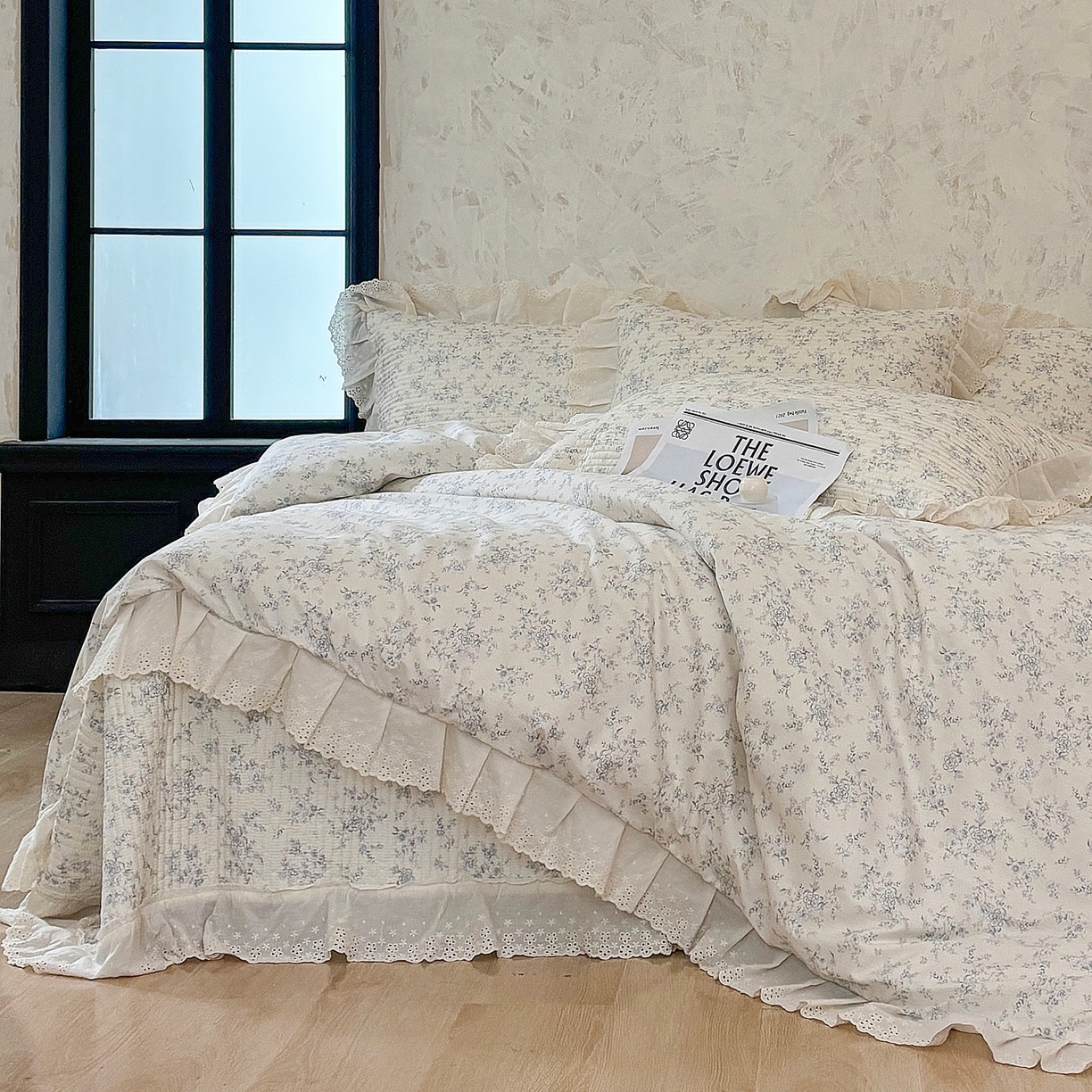 91家纺网 家纺一手货源 找家纺 满座家居 2026新款法式纯棉花边全棉床盖四件套小碎花田园风 南枝