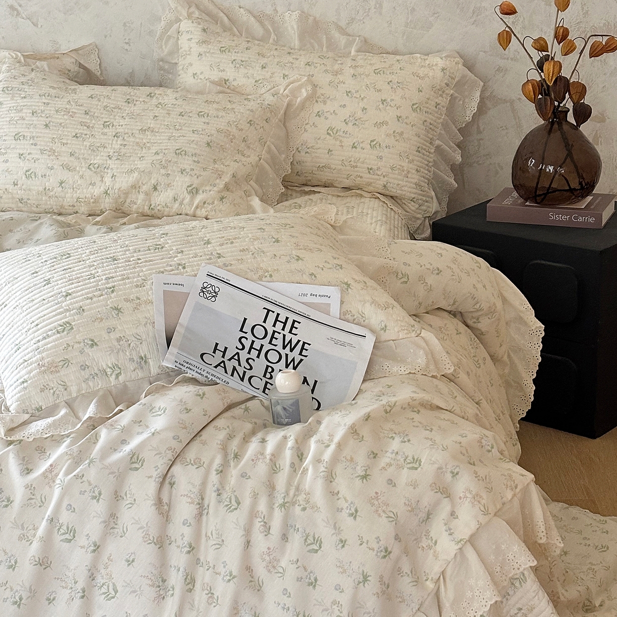 91家纺网 家纺一手货源 找家纺 满座家居 2026新款法式纯棉花边全棉床盖四件套小碎花田园风 青禾