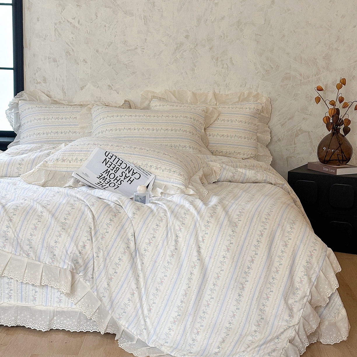 91家纺网 家纺一手货源 找家纺 满座家居 2026新款法式纯棉花边全棉床盖四件套小碎花田园风 知梦