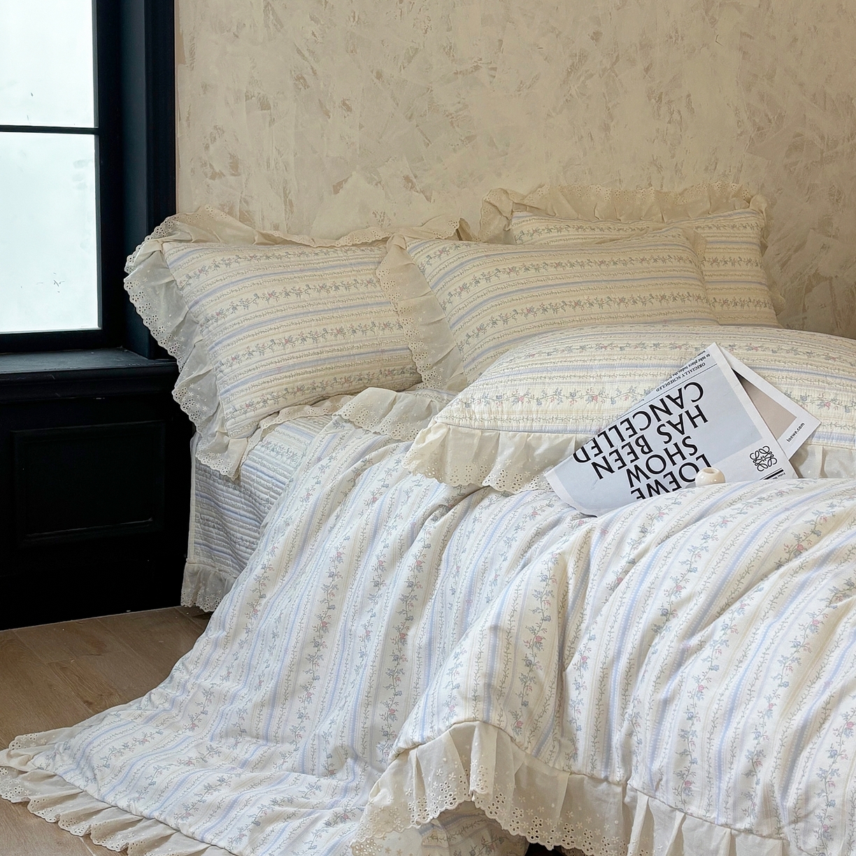 91家纺网 家纺一手货源 找家纺 满座家居 2026新款法式纯棉花边全棉床盖四件套小碎花田园风 知梦