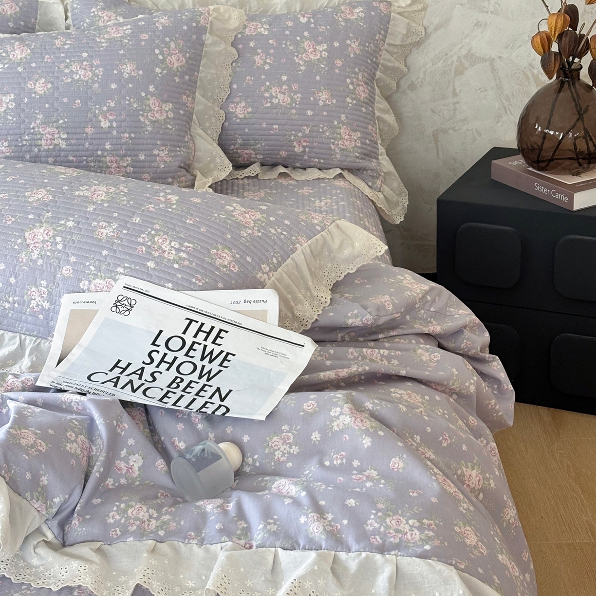 91家纺网 家纺一手货源 找家纺 满座家居 2026新款法式纯棉花边全棉床盖四件套小碎花田园风 紫韵