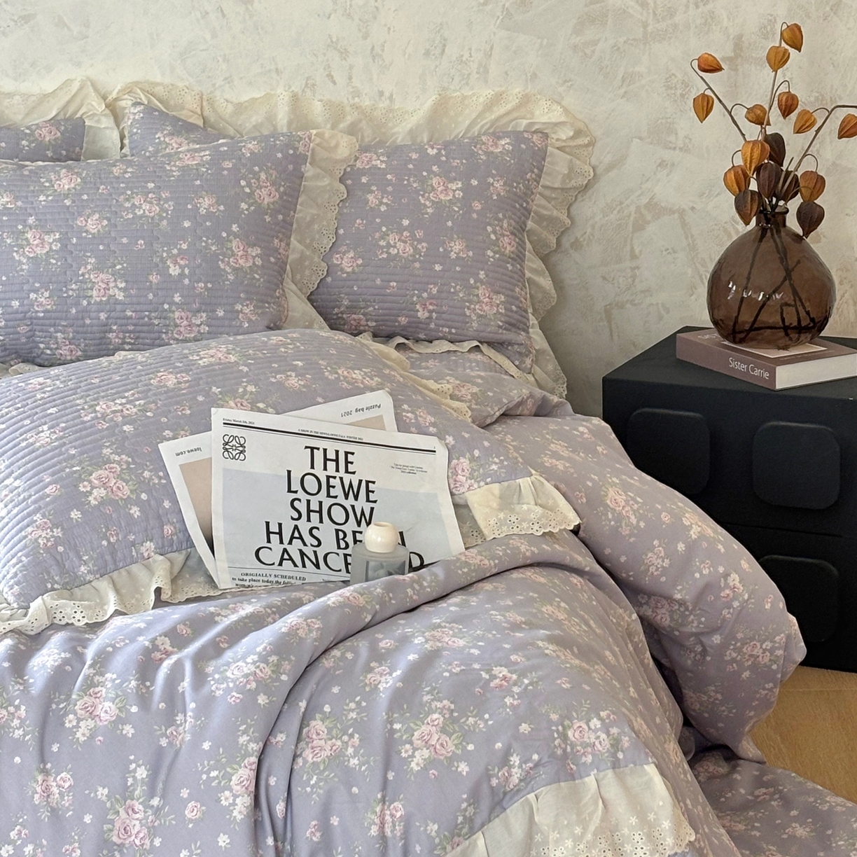 91家纺网 家纺一手货源 找家纺 满座家居 2026新款法式纯棉花边全棉床盖四件套小碎花田园风 紫韵