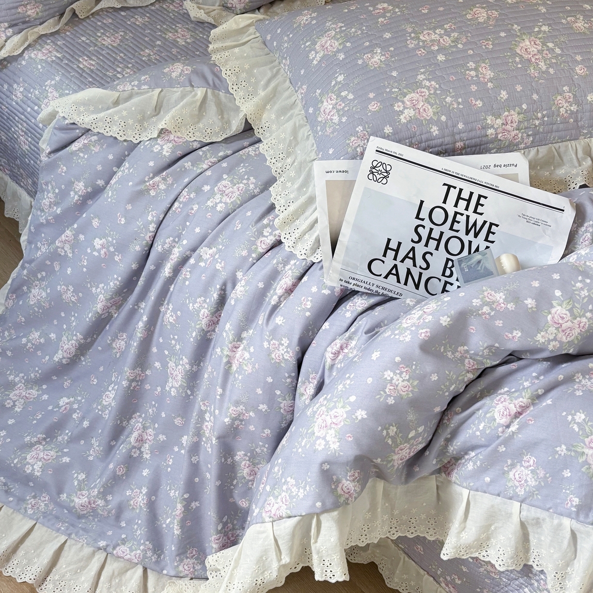 91家纺网 家纺一手货源 找家纺 满座家居 2026新款法式纯棉花边全棉床盖四件套小碎花田园风 紫韵