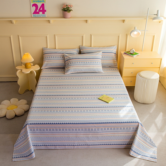 91家纺网 家纺一手货源 找家纺 慕尚家纺 2026新款全棉纯棉老粗布凉席席子 蓝橙花条