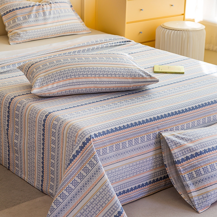 91家纺网 家纺一手货源 找家纺 慕尚家纺 2026新款全棉纯棉老粗布凉席席子 蓝橙花条