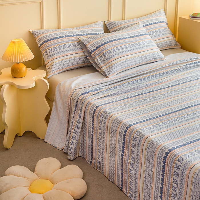 91家纺网 家纺一手货源 找家纺 慕尚家纺 2026新款全棉纯棉老粗布凉席席子 蓝橙花条