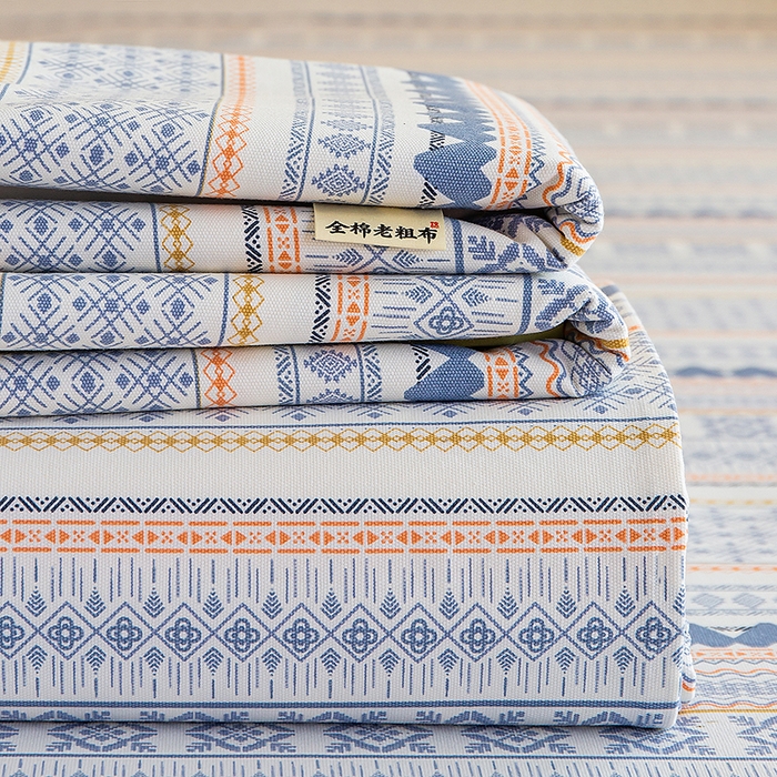 91家纺网 家纺一手货源 找家纺 慕尚家纺 2026新款全棉纯棉老粗布凉席席子 蓝橙花条