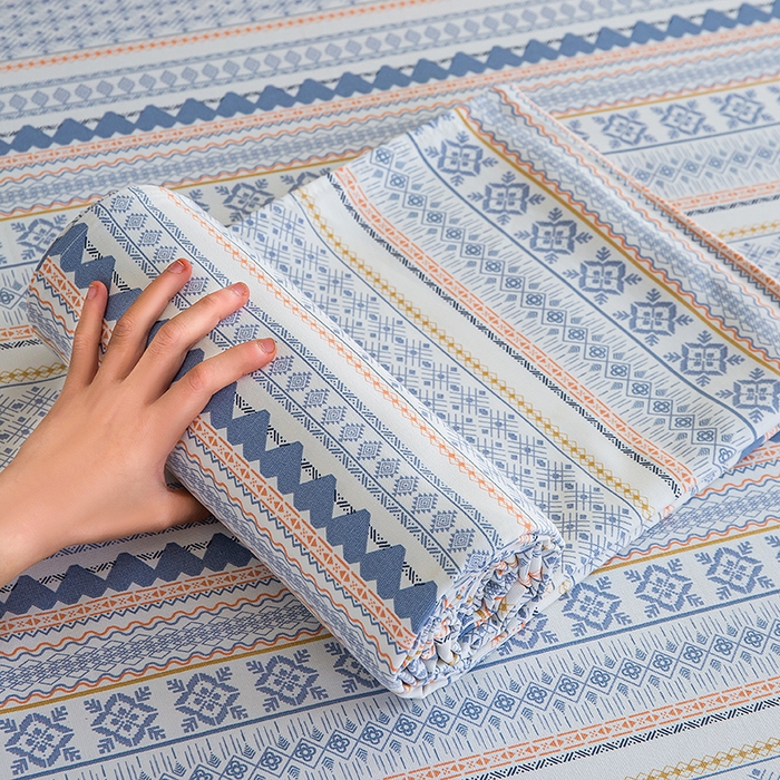 91家纺网 家纺一手货源 找家纺 慕尚家纺 2026新款全棉纯棉老粗布凉席席子 蓝橙花条