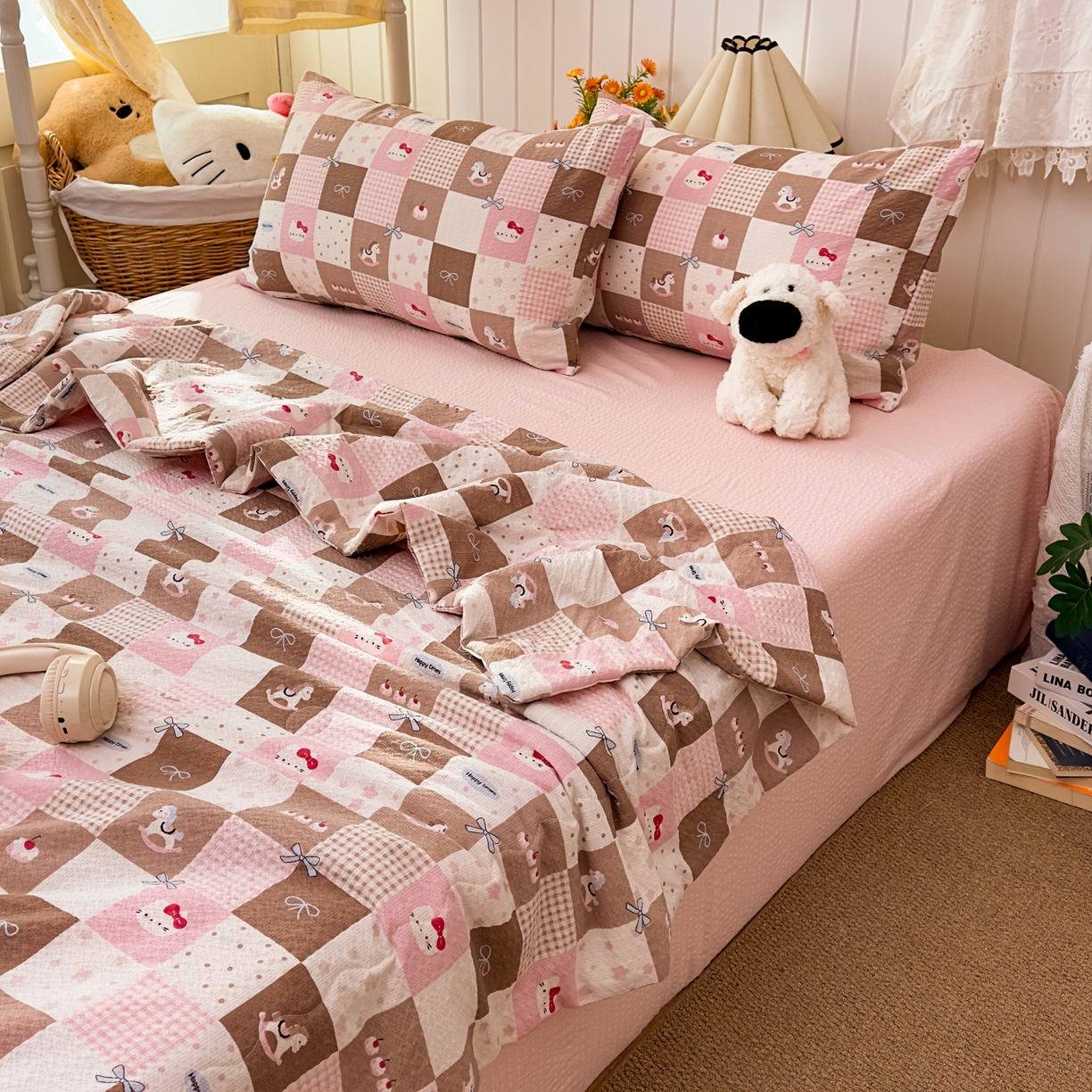 91家纺网 家纺一手货源 找家纺 2026新款泡芙棉卡通夏被四件套双层纱单夏被 夏被-木马甜梦格