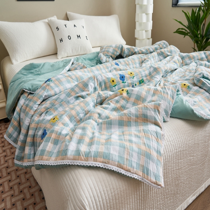 91家纺网 家纺一手货源 找家纺 畅销被业 2026新款A类水洗棉印花夏被空调被夏凉被 小绿格