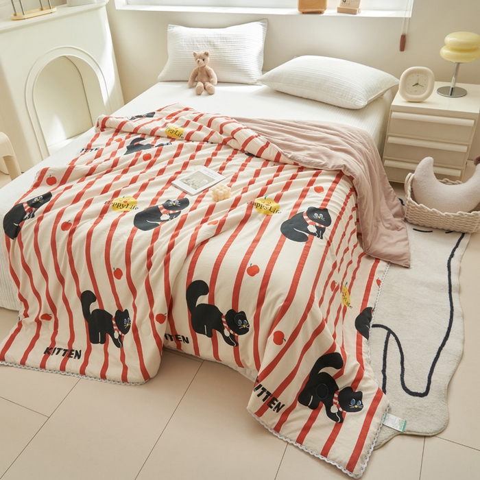 91家纺网 家纺一手货源 找家纺 畅销被业 2026新款A类水洗棉印花夏被空调被夏凉被 煤球小猫