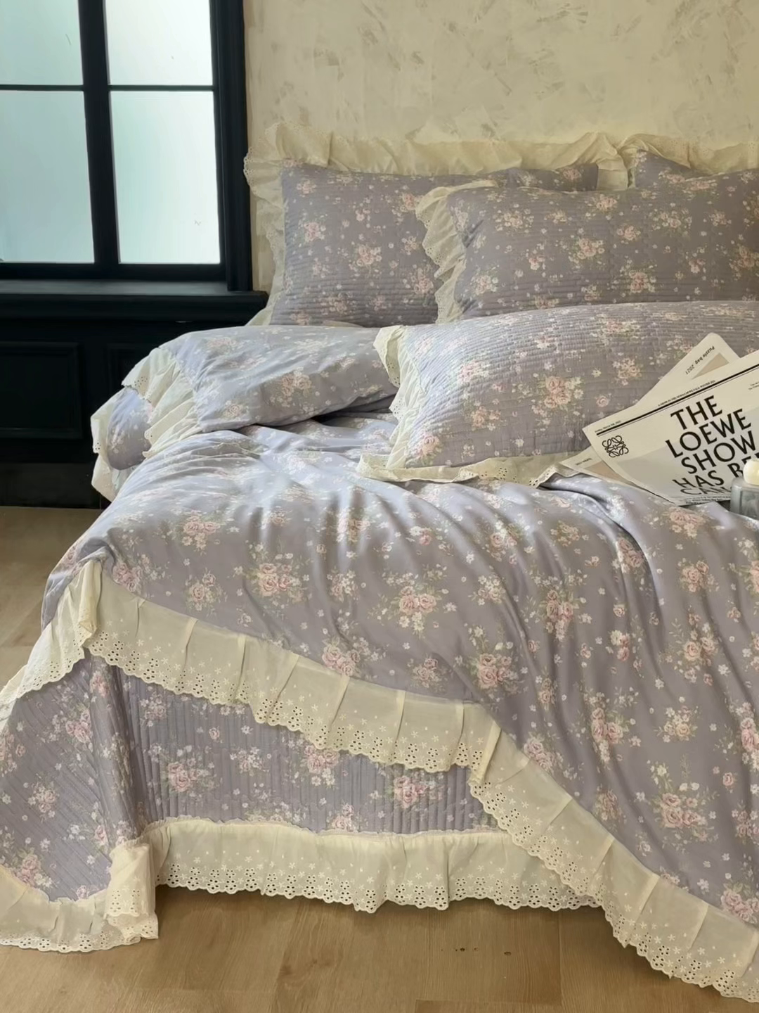 91家纺网 家纺一手货源 找家纺 满座家居 2026新款法式纯棉花边全棉床盖四件套小碎花田园风 紫韵