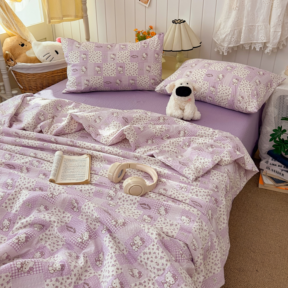 91家纺网 家纺一手货源 找家纺 2026新款泡芙棉卡通夏被四件套双层纱单夏被 夏被-薰衣草凯特屋
