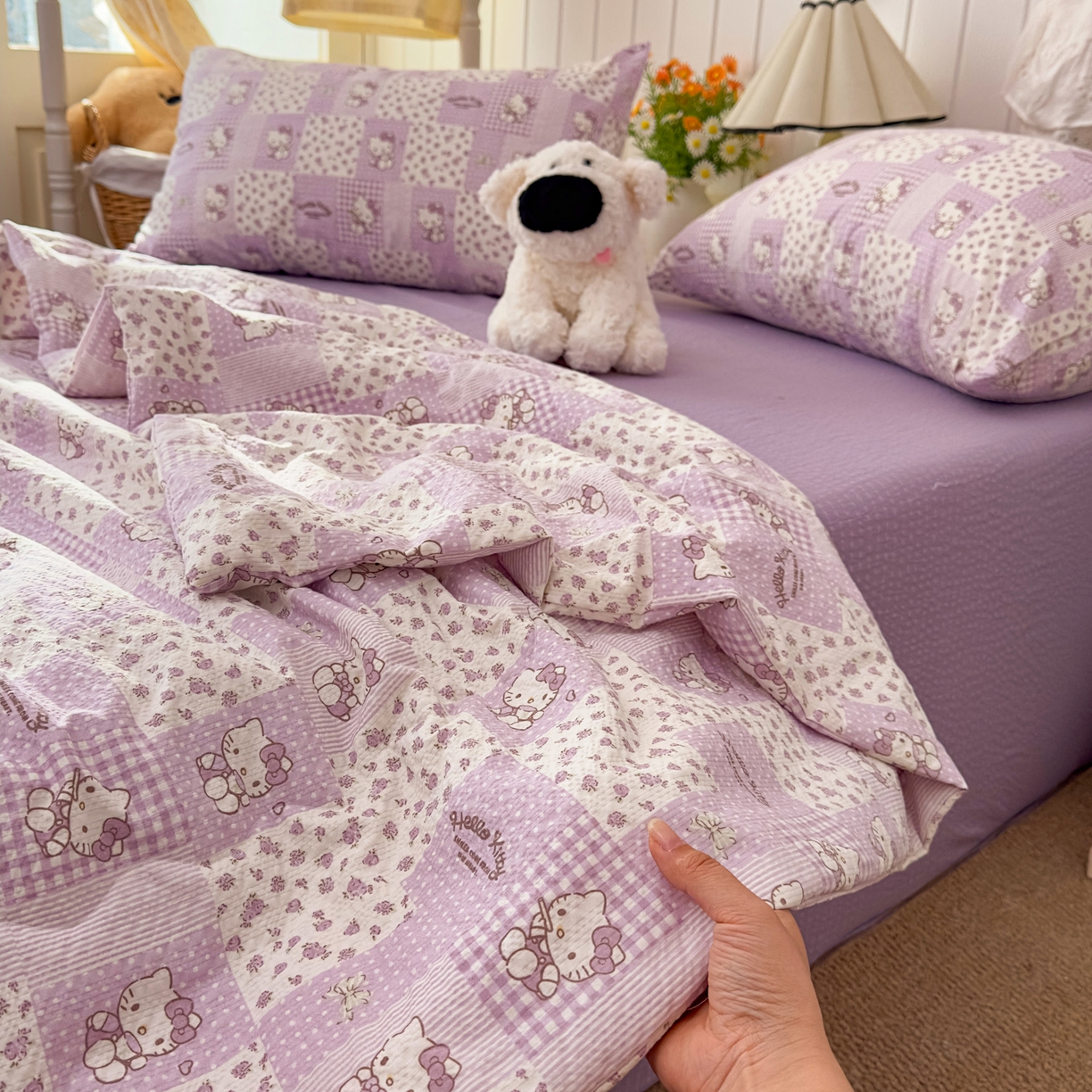 91家纺网 家纺一手货源 找家纺 2026新款泡芙棉卡通夏被四件套双层纱单夏被 夏被-薰衣草凯特屋