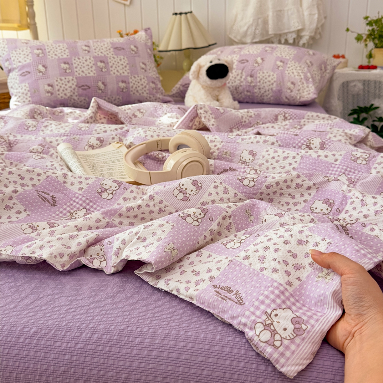 91家纺网 家纺一手货源 找家纺 2026新款泡芙棉卡通夏被四件套双层纱单夏被 夏被-薰衣草凯特屋