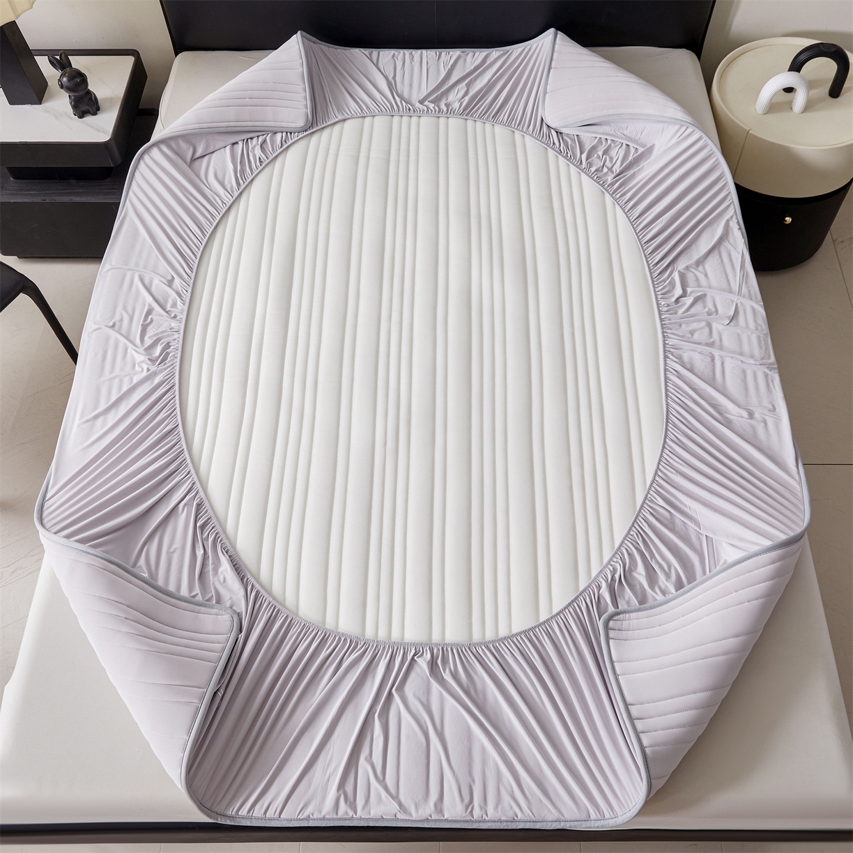 91家纺网 家纺一手货源 找家纺 雯豆家纺 2026春夏新款氨纶凉感丝床笠夏被四件套0.28凉感值空调被子被芯 知夏-浅灰