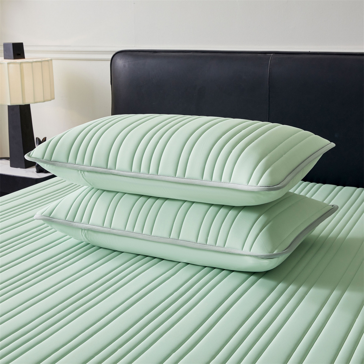 91家纺网 家纺一手货源 找家纺 雯豆家纺 2026春夏新款氨纶凉感丝床笠夏被四件套0.28凉感值空调被子被芯 知夏-青草绿