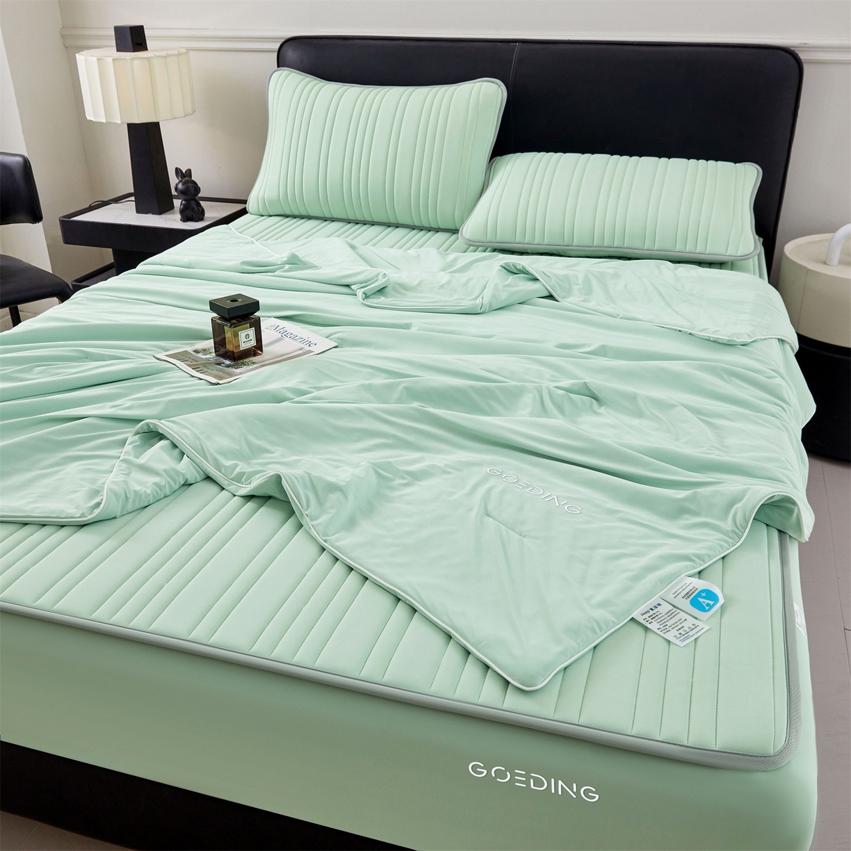 91家纺网 家纺一手货源 找家纺 雯豆家纺 2026春夏新款氨纶凉感丝床笠夏被四件套0.28凉感值空调被子被芯 知夏-青草绿