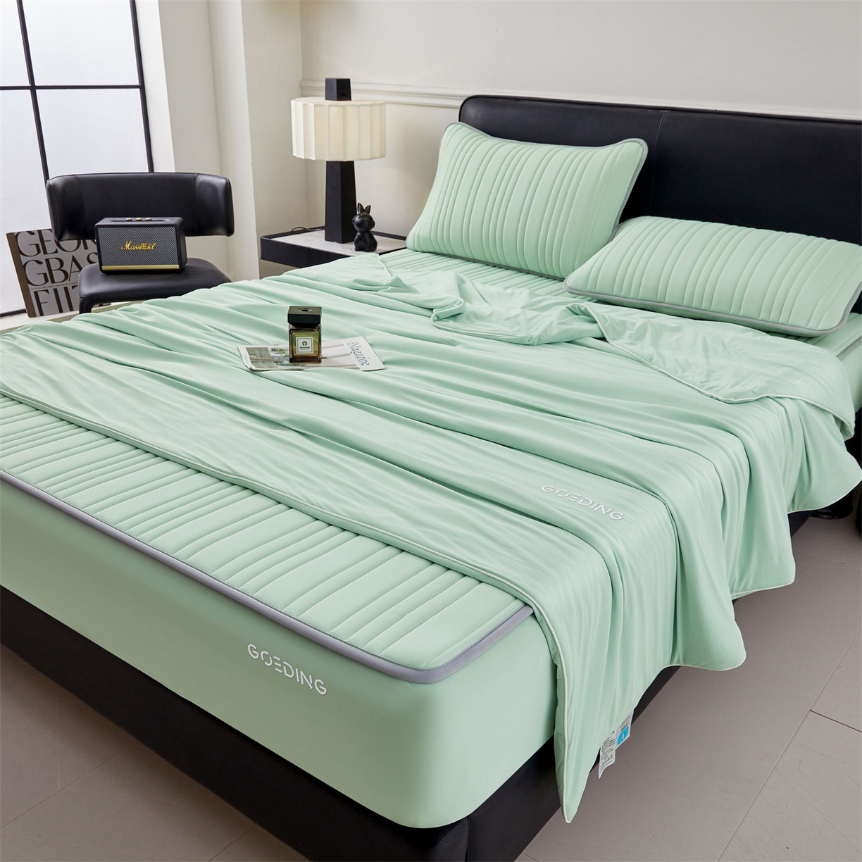 91家纺网 家纺一手货源 找家纺 雯豆家纺 2026春夏新款氨纶凉感丝床笠夏被四件套0.28凉感值空调被子被芯 知夏-青草绿