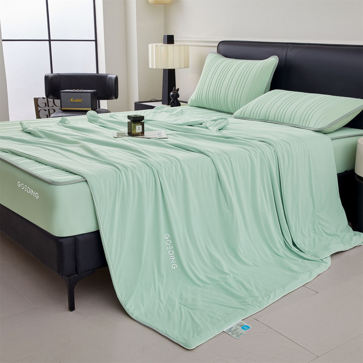 91家纺网 家纺一手货源 找家纺 雯豆家纺 2026春夏新款氨纶凉感丝床笠夏被四件套0.28凉感值空调被子被芯 知夏-青草绿