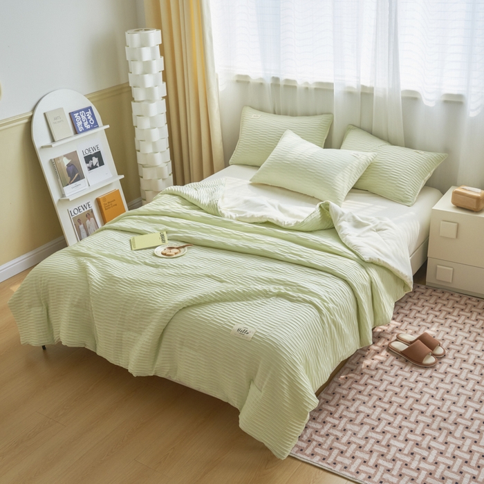 91家纺网 家纺一手货源 找家纺 畅销被业 2026新款泡泡纱水洗棉夏被四件套 被子被芯 泡泡纱-芥末绿