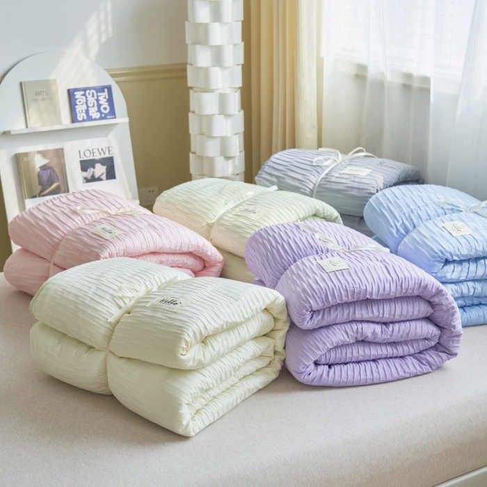 91家纺网 家纺一手货源 找家纺 畅销被业 2026新款泡泡纱水洗棉夏被四件套 被子被芯 泡泡纱-芥末绿