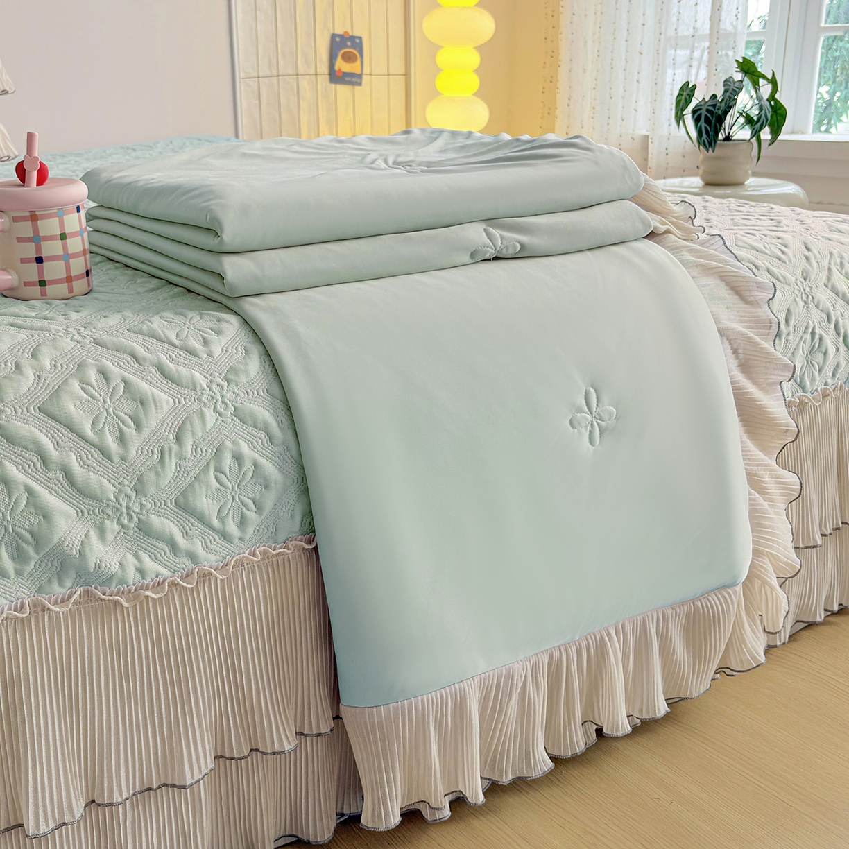 91家纺网 家纺一手货源 找家纺 暖芯家纺 2026新款PE乙纶高克重凉感丝网纱床裙凉席席子三件套 洛芙漫-抹茶绿