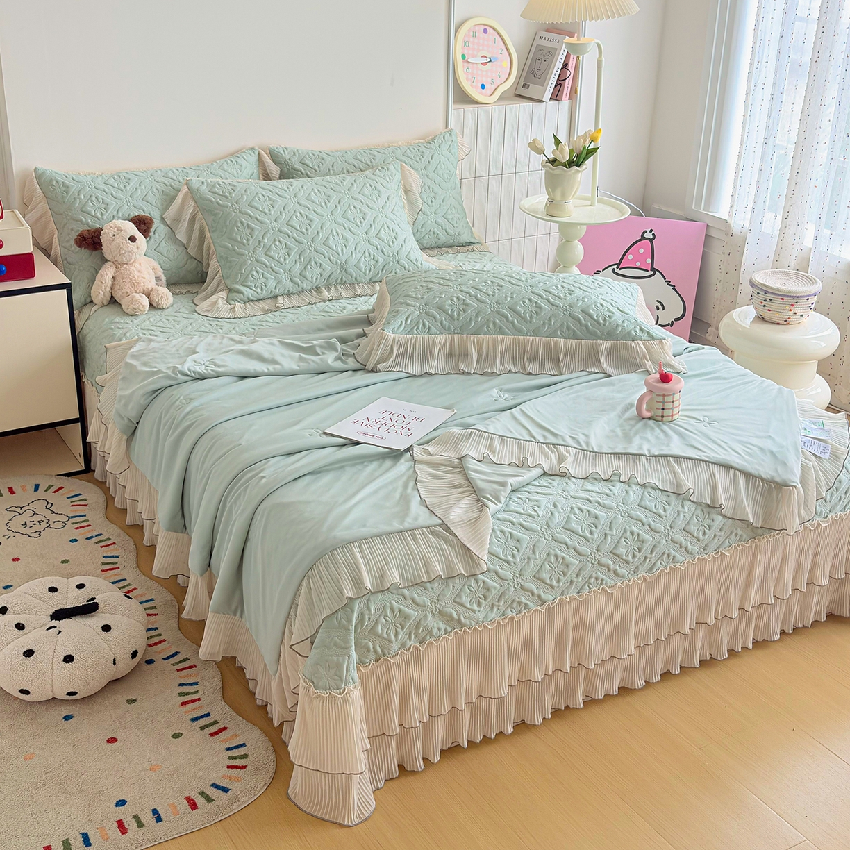 91家纺网 家纺一手货源 找家纺 暖芯家纺 2026新款PE乙纶高克重凉感丝网纱床裙凉席席子三件套 洛芙漫-抹茶绿