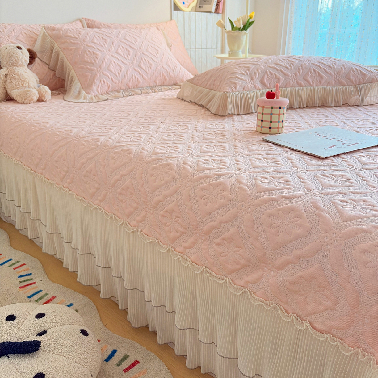 91家纺网 家纺一手货源 找家纺 暖芯家纺 2026新款PE乙纶高克重凉感丝网纱床裙凉席席子三件套 洛芙漫-柔雾粉