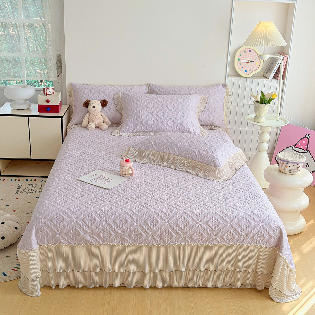 91家纺网 家纺一手货源 找家纺 暖芯家纺 2026新款PE乙纶高克重凉感丝网纱床裙凉席席子三件套 洛芙漫-香芋紫