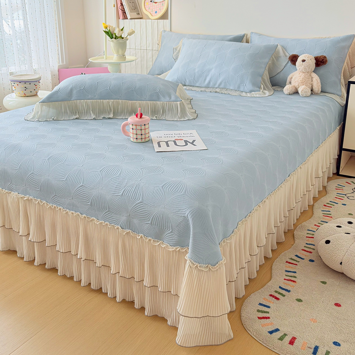 暖芯家纺 2026新款PE乙纶高克重凉感丝网纱床裙凉席席子三件套 轻梦瑶-天空蓝