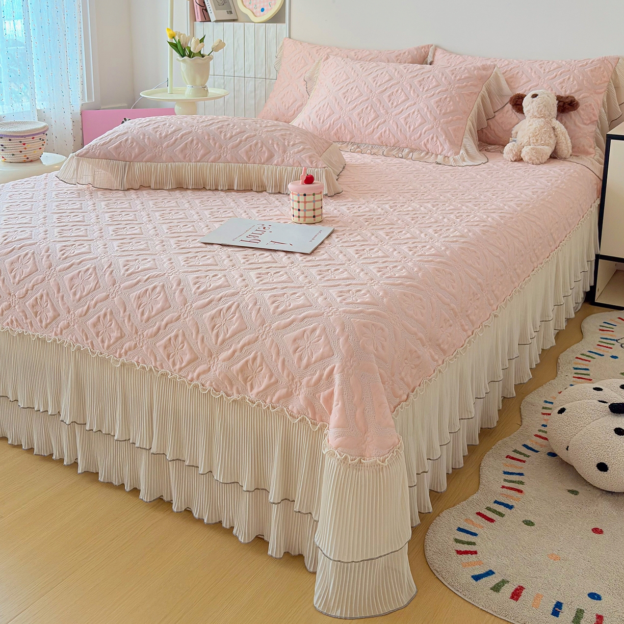 暖芯家纺 2026新款PE乙纶高克重凉感丝网纱床裙凉席席子三件套 洛芙漫-柔雾粉