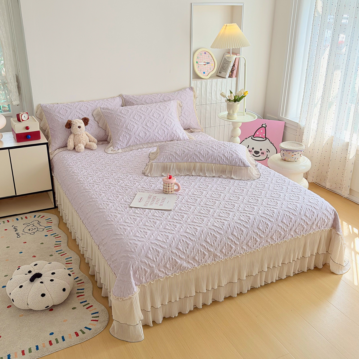 91家纺网 家纺一手货源 找家纺 暖芯家纺 2026新款PE乙纶高克重凉感丝网纱床裙凉席席子三件套 洛芙漫-香芋紫