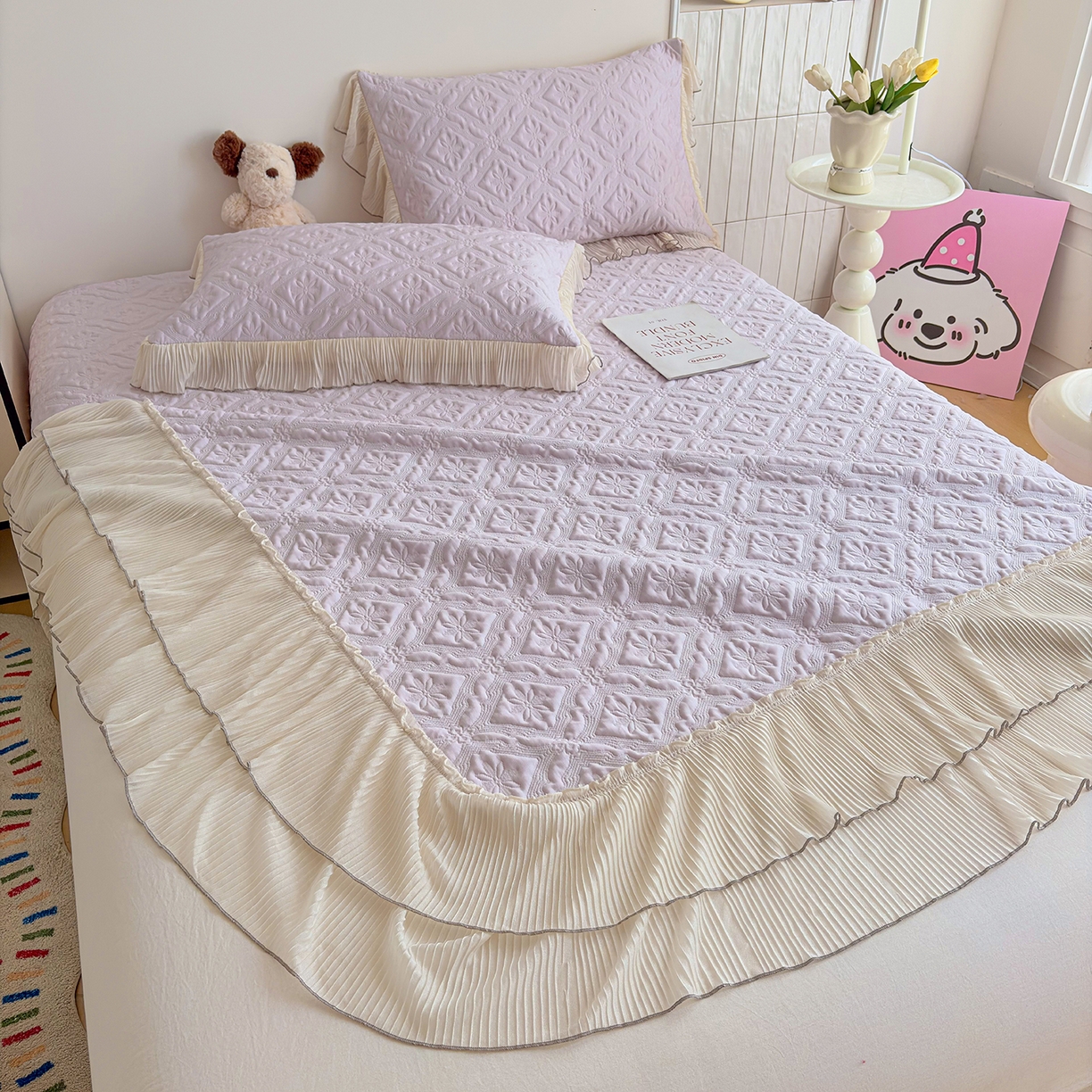 91家纺网 家纺一手货源 找家纺 暖芯家纺 2026新款PE乙纶高克重凉感丝网纱床裙凉席席子三件套 洛芙漫-香芋紫