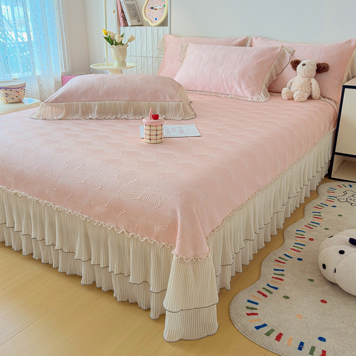 暖芯家纺 2026新款PE乙纶高克重凉感丝网纱床裙凉席席子三件套 轻梦瑶-柔雾粉