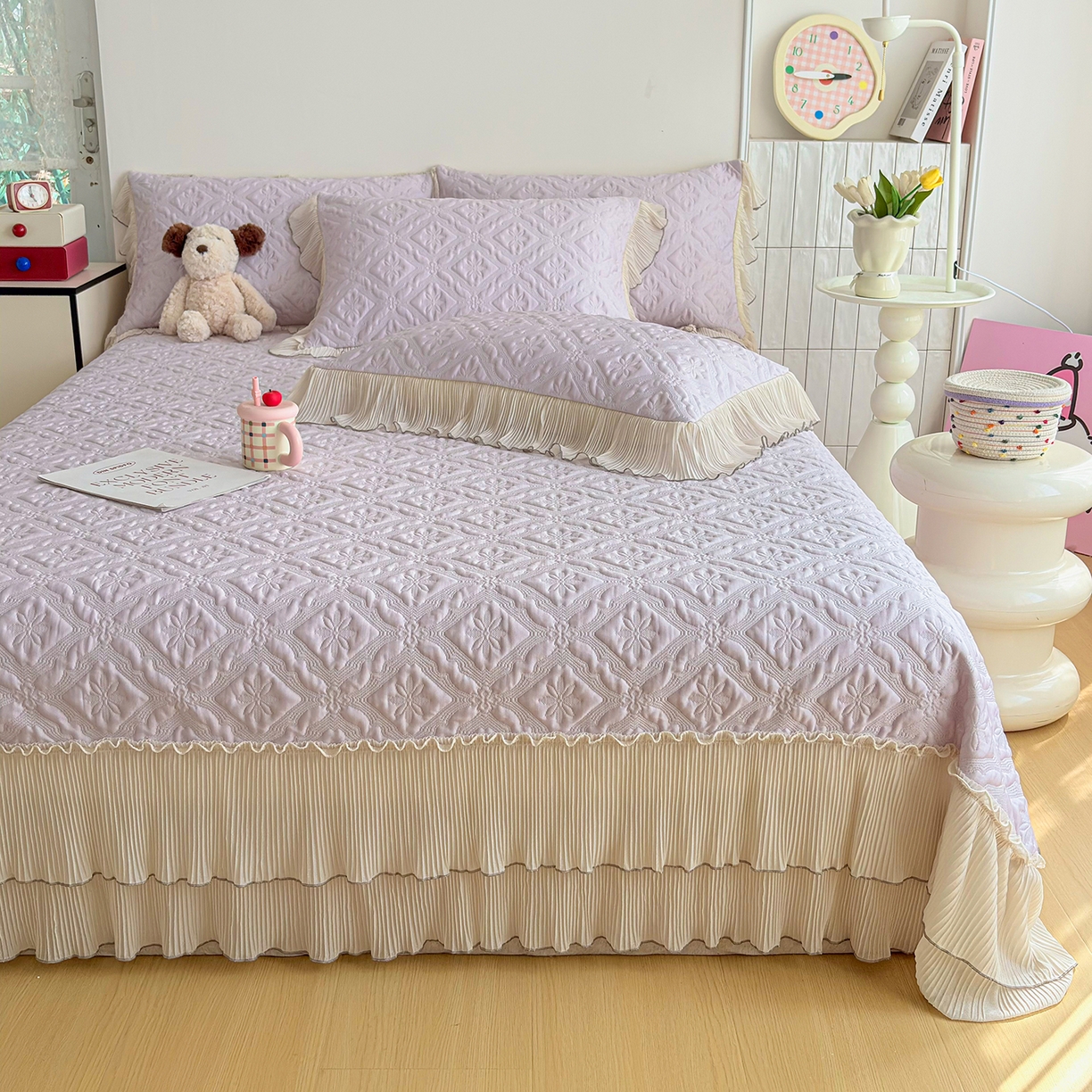 91家纺网 家纺一手货源 找家纺 暖芯家纺 2026新款PE乙纶高克重凉感丝网纱床裙凉席席子三件套 洛芙漫-香芋紫