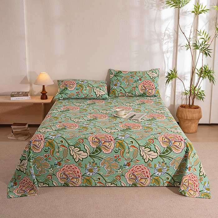 91家纺网 家纺一手货源 找家纺 博弈家纺   2026新款亲肤舒适原棉老粗布床单凉席三件套系列 花满园