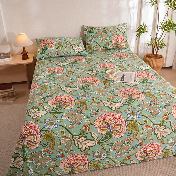 91家纺网 家纺一手货源 找家纺 博弈家纺   2026新款亲肤舒适原棉老粗布床单凉席三件套系列 花满园