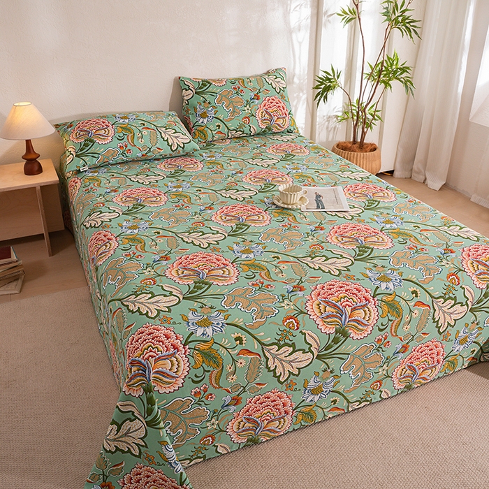 91家纺网 家纺一手货源 找家纺 博弈家纺   2026新款亲肤舒适原棉老粗布床单凉席三件套系列 花满园